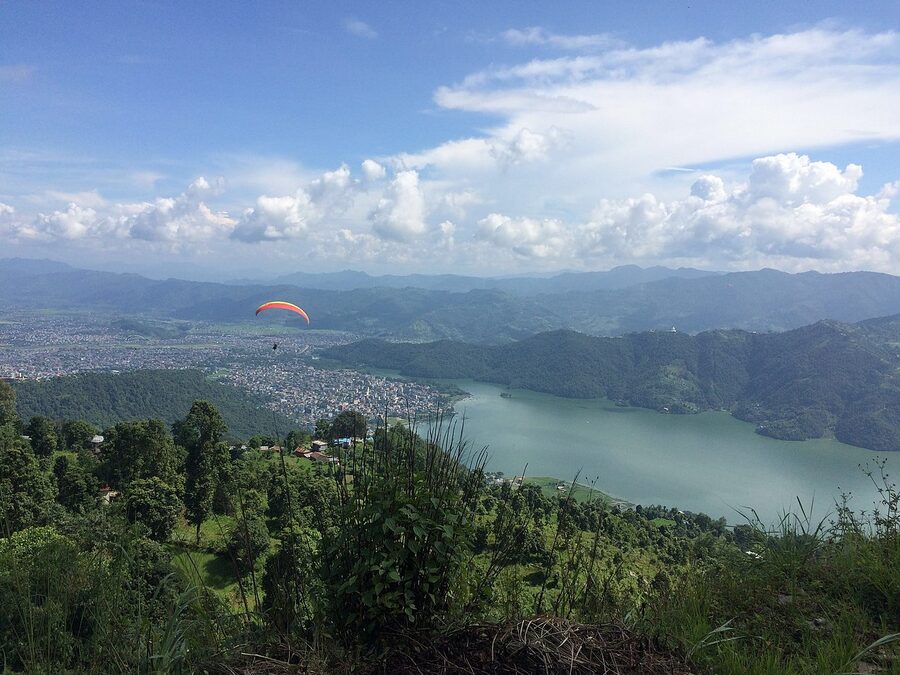 Pokhara view from paraglider with mountains in the distance