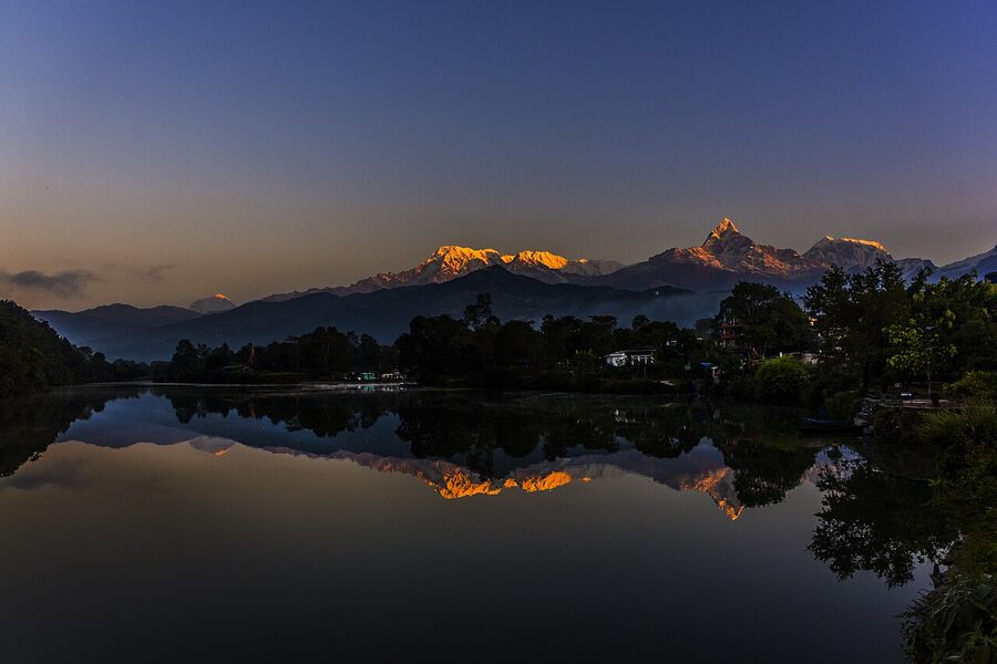 Phewa Lake at sunrise with the Annapurna range in the background