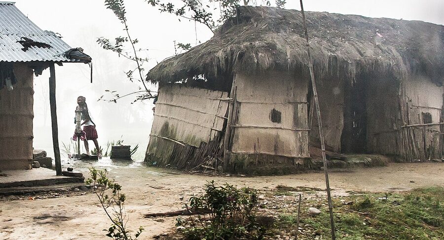Tharu village in the mist near Chitwan National Park